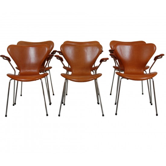 K b brugt S t Arne Jacobsen Syver armstole i cognac anilin l der 6